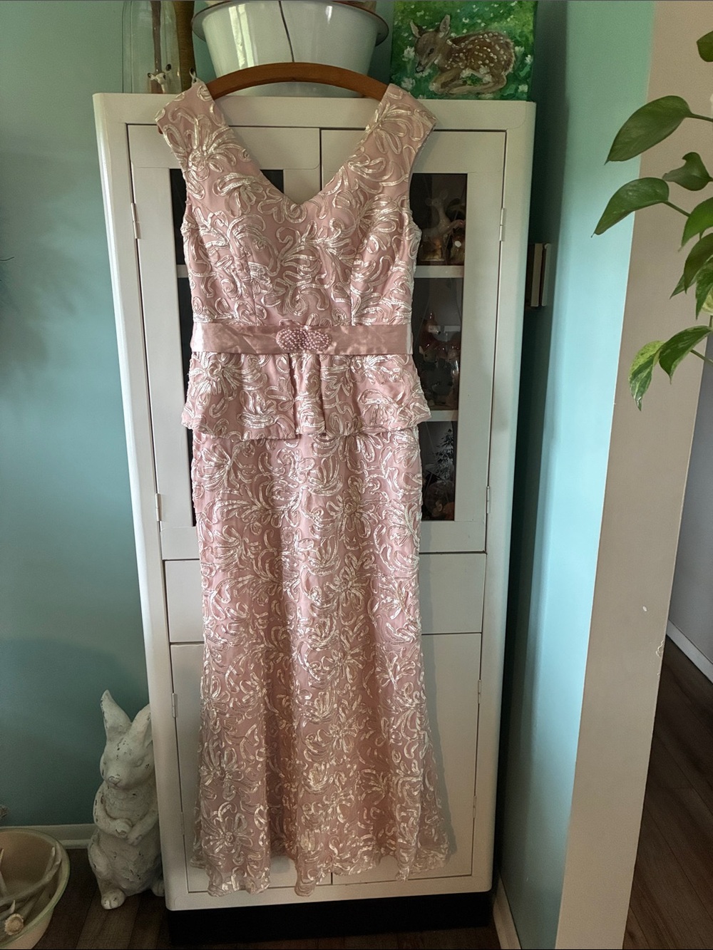 Ignite Evenings by Carol Lin sz 8 Blush Pink Ribbon Peplum Evening Dress euc
